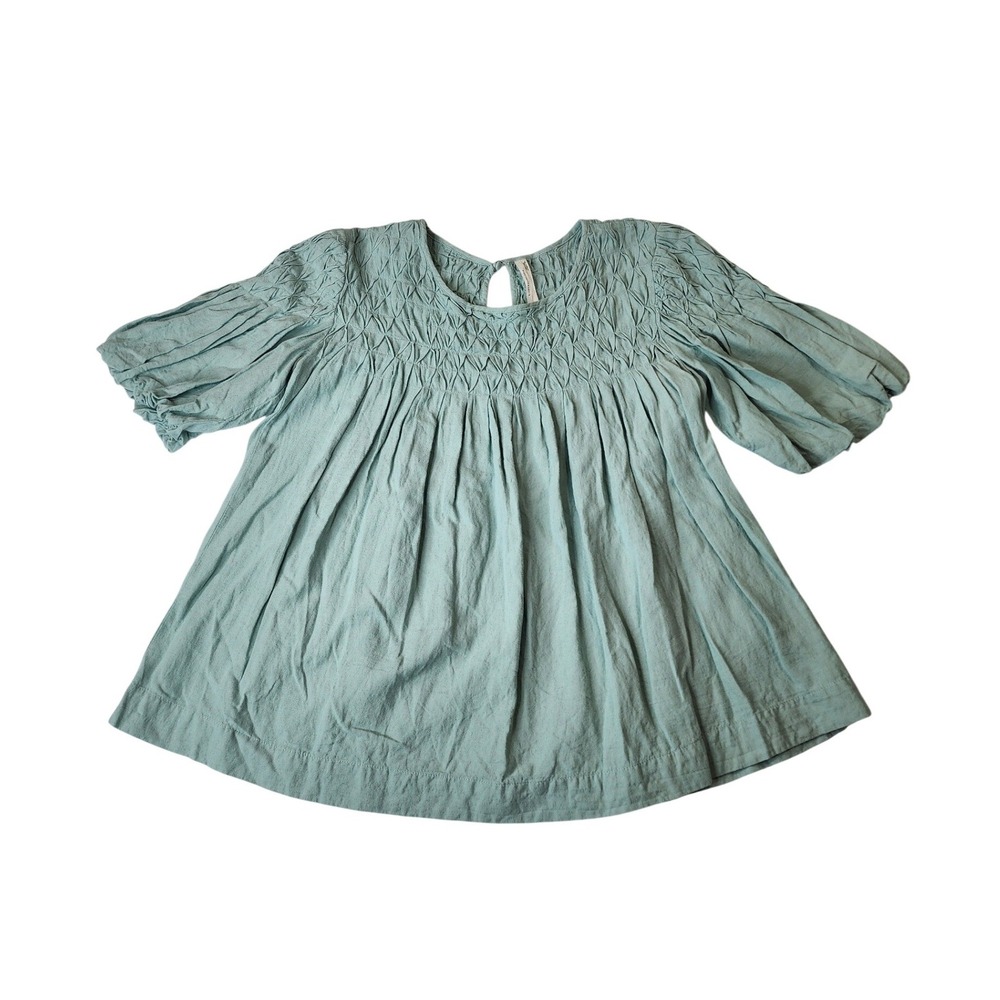 Anthropologie Smocked Linen Blend Top S Green Boho Cottagecore Coastal Grandma